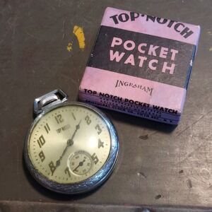 Vintage Ingraham Top Notch Pocket Watch Silver Tone Etched Case w/ Original Box